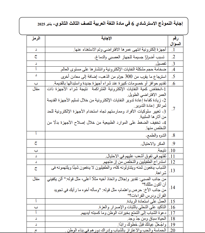 إجابات النماذج الاسترشادية للصف الثالث الثانوي 2025 عربي
